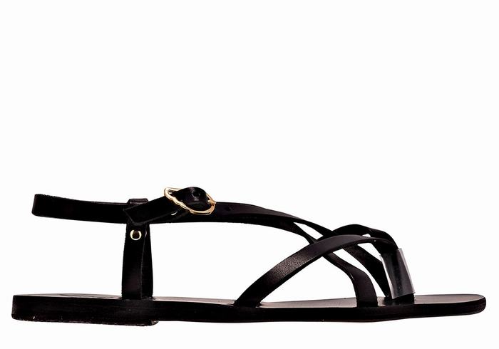 Black Ancient Greek Sandals Semele Leather Women Back-Strap Sandals | CHY9769CN