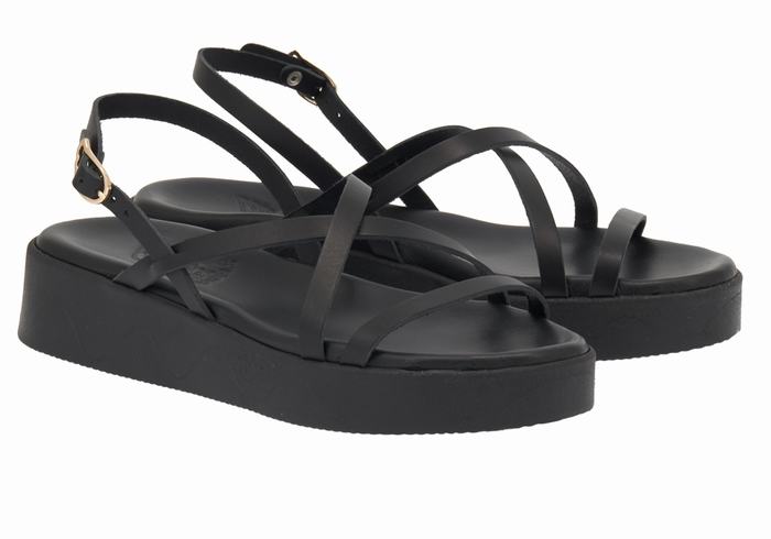 Black Ancient Greek Sandals Silia Leather Women Platform Sandals | FJZ7916IZ