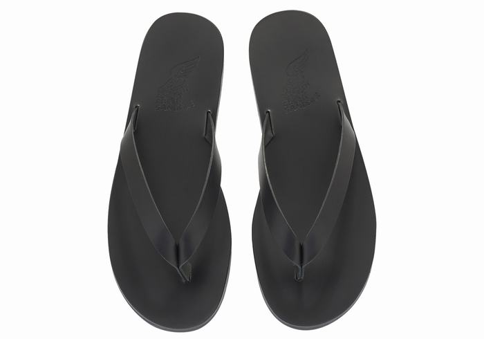 Black Ancient Greek Sandals Solon Leather Men Flip Flops | POC496WN