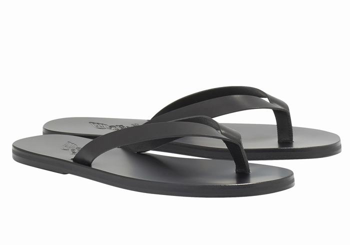 Black Ancient Greek Sandals Solon Leather Men Flip Flops | POC496WN