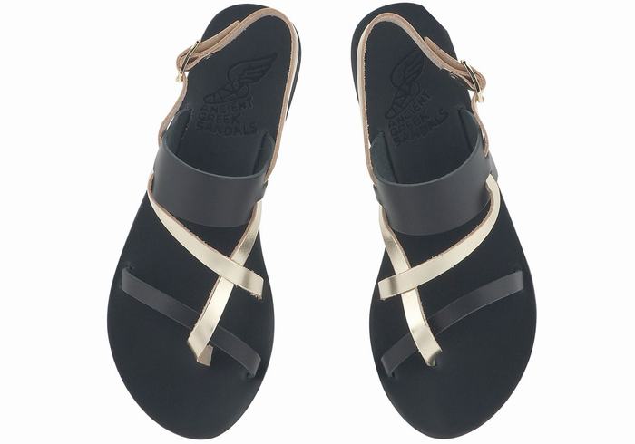 Black Gold White Ancient Greek Sandals Alethea Leather Women Back-Strap Sandals | EKC5425RD