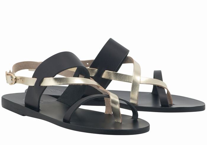 Black Gold White Ancient Greek Sandals Alethea Leather Women Back-Strap Sandals | EKC5425RD