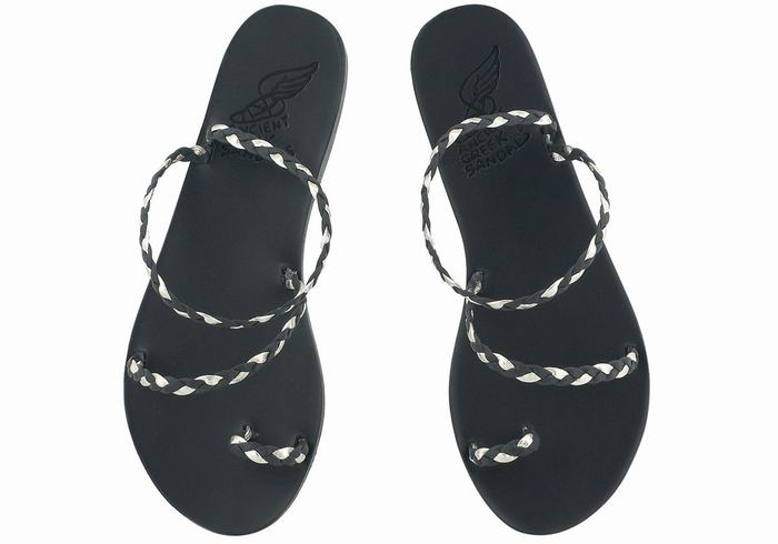 Black Gold White Ancient Greek Sandals Eleftheria Leather Women Braided Sandals | SEG1114OM