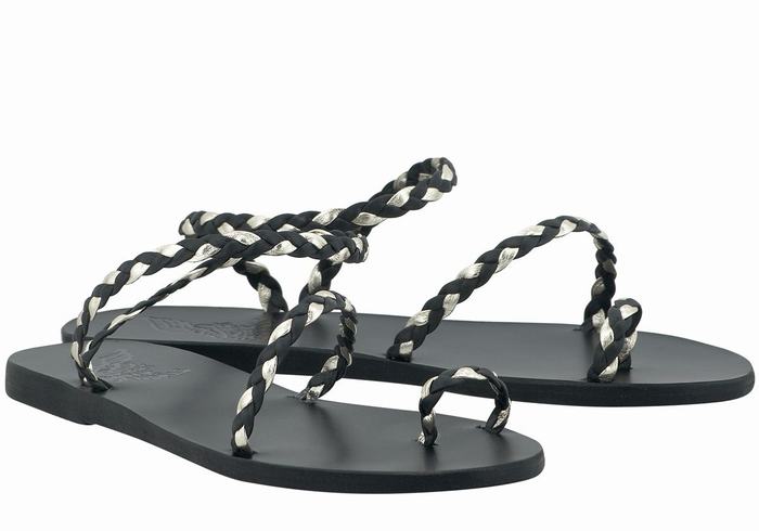 Black Gold White Ancient Greek Sandals Eleftheria Leather Women Braided Sandals | SEG1114OM