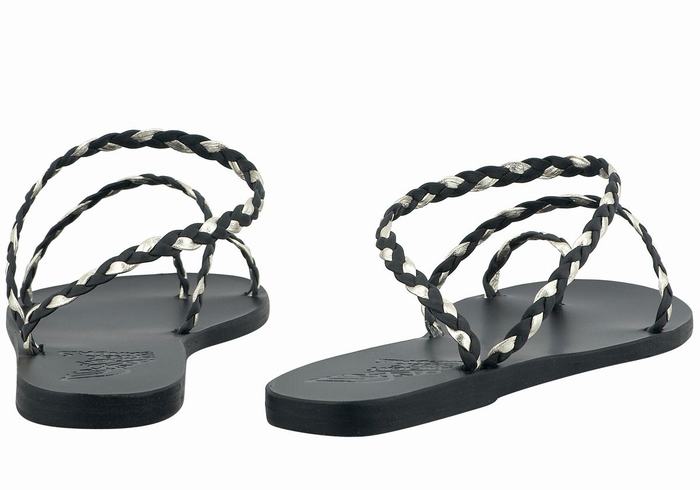 Black Gold White Ancient Greek Sandals Eleftheria Leather Women Braided Sandals | SEG1114OM