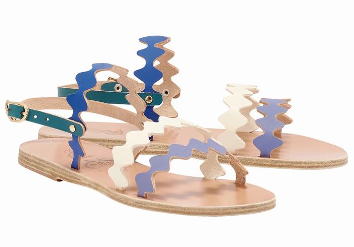 Blue White Ancient Greek Sandals Clio Onda Women Back-Strap Sandals | VSV524FL