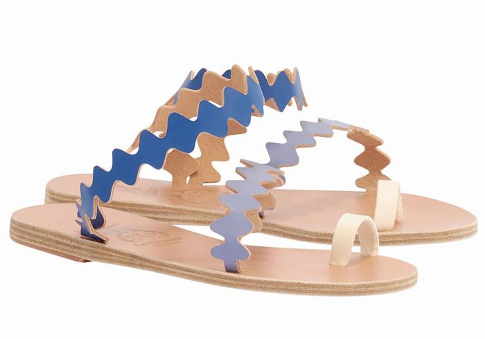 Blue White Ancient Greek Sandals Eleftheria Onda Leather Women Toe-Post Sandals | USS235VE