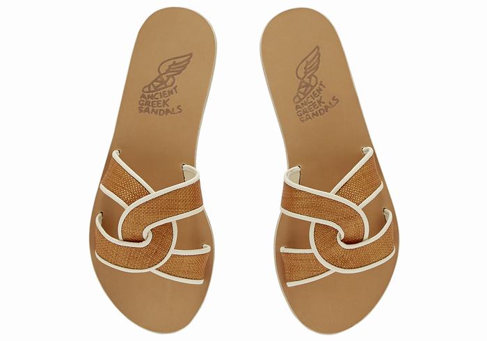 Brown White Ancient Greek Sandals Desmos Women Slide Sandals | HDZ1561TY