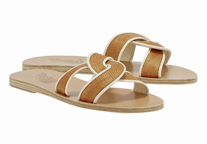 Brown White Ancient Greek Sandals Desmos Women Slide Sandals | HDZ1561TY