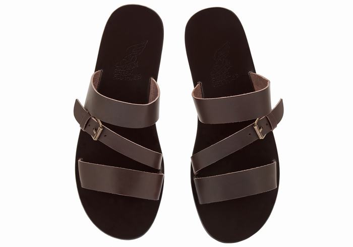 Chocolate Ancient Greek Sandals Ifiklis Leather Men Slide Sandals | IYW1526RQ