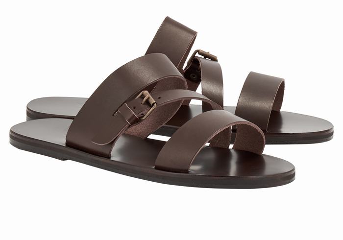 Chocolate Ancient Greek Sandals Ifiklis Leather Men Slide Sandals | IYW1526RQ