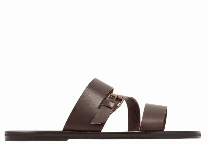 Chocolate Ancient Greek Sandals Ifiklis Leather Men Slide Sandals | IYW1526RQ