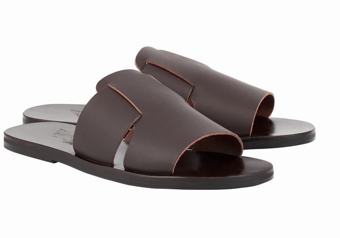 Chocolate Ancient Greek Sandals Miltiadis Leather Men Slide Sandals | WIP281SR