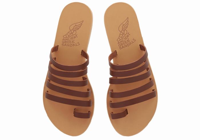 Coffee Ancient Greek Sandals Niki Leather Women Toe-Post Sandals | FQG284WP