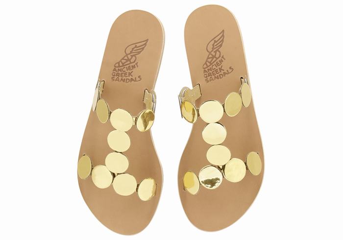 Gold Ancient Greek Sandals Uranos Leather Women Slide Sandals | QRN3863AF