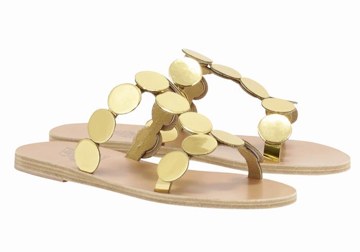 Gold Ancient Greek Sandals Uranos Leather Women Slide Sandals | QRN3863AF