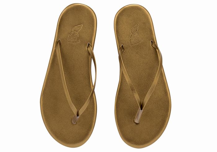 Gold Brown Ancient Greek Sandals Saionara Women Flip Flops | RPO9372TP