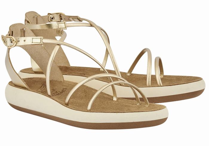 Gold White Ancient Greek Sandals Anastasia Comfort Women Ankle Strap Sandals | SUT9145EK