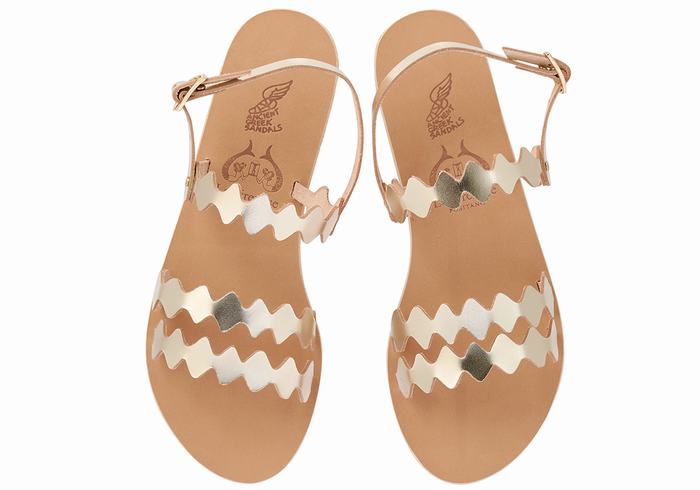 Gold White Ancient Greek Sandals Clio Onda Women Back-Strap Sandals | WBJ6247JO