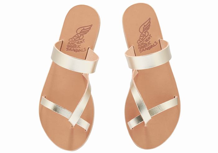 Gold White Ancient Greek Sandals Daphnae Leather Women Slide Sandals | JVO7147MW