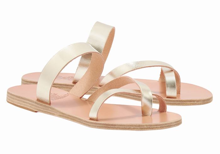 Gold White Ancient Greek Sandals Daphnae Leather Women Slide Sandals | JVO7147MW