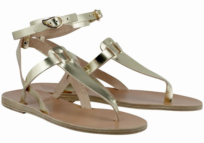 Gold White Ancient Greek Sandals Estia Leather Women Ankle Strap Sandals | KSX3195EQ