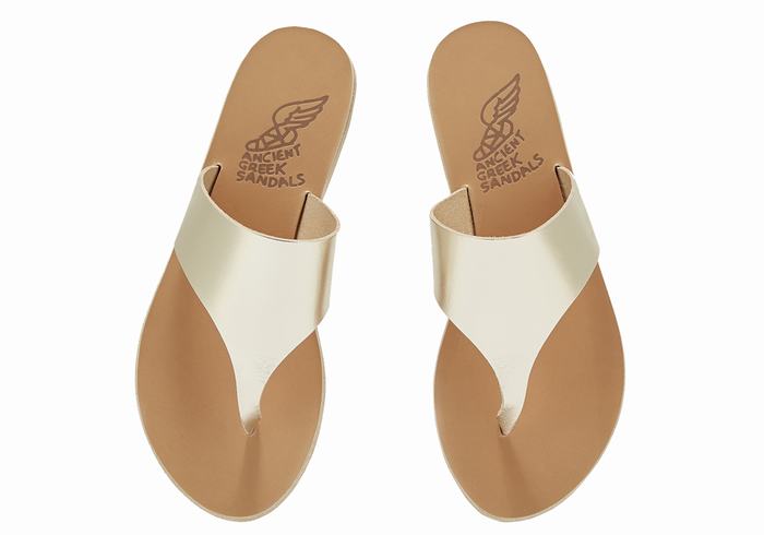 Gold White Ancient Greek Sandals Mera Leather Women Flip Flops | MLR4886LO