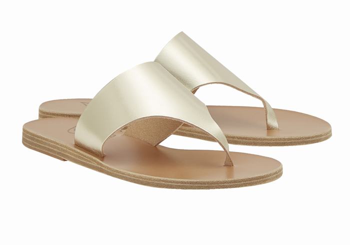 Gold White Ancient Greek Sandals Mera Leather Women Flip Flops | MLR4886LO