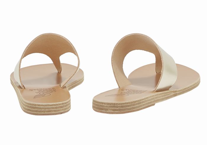 Gold White Ancient Greek Sandals Mera Leather Women Flip Flops | MLR4886LO