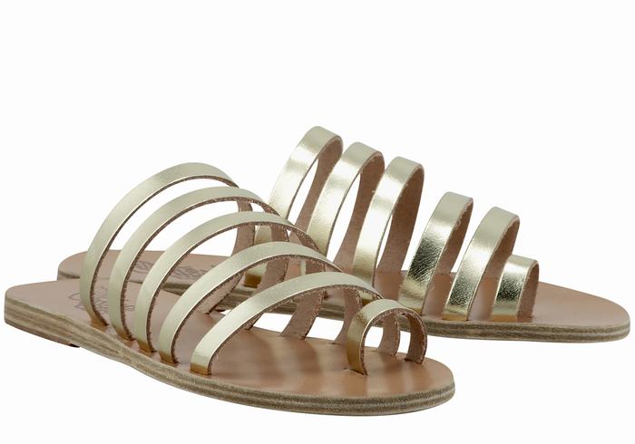 Gold White Ancient Greek Sandals Niki Leather Women Toe-Post Sandals | ZHL8789FW