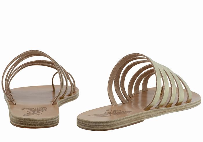 Gold White Ancient Greek Sandals Niki Leather Women Toe-Post Sandals | ZHL8789FW