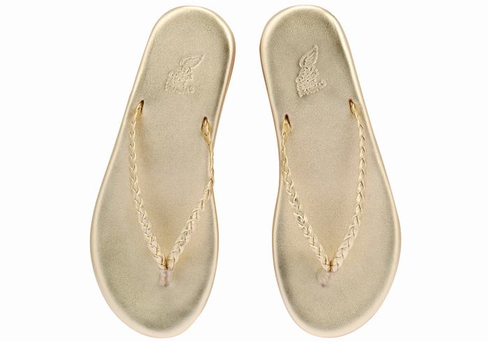 Gold White Ancient Greek Sandals Plage Flip Flop Women Braided Sandals | QGQ1165GW