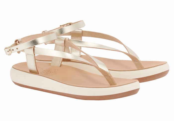 Gold White Ancient Greek Sandals Salomi Comfort Women Ankle Strap Sandals | PAZ7292IM