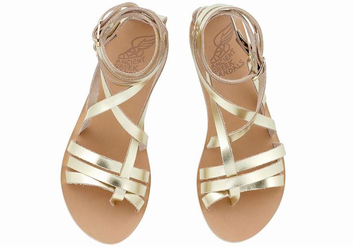 Gold White Ancient Greek Sandals Satira Leather Women Gladiator Sandals | RMS6742UG