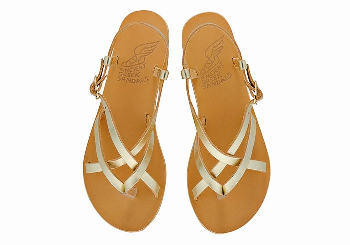 Gold White Ancient Greek Sandals Semele Leather Women Back-Strap Sandals | EOY5980RO