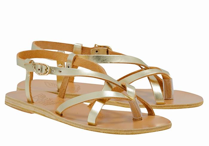 Gold White Ancient Greek Sandals Semele Leather Women Back-Strap Sandals | EOY5980RO