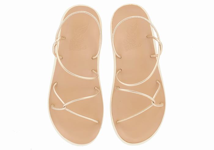 Gold White Ancient Greek Sandals Taxidi Comfort Women Back-Strap Sandals | RRF8321FW