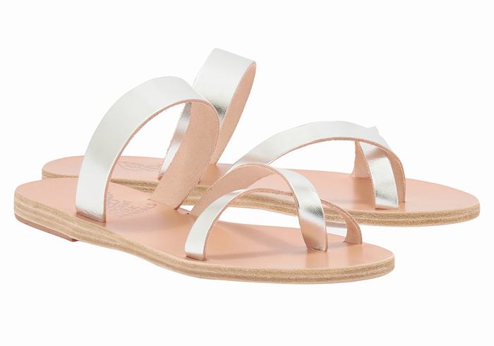 Silver Ancient Greek Sandals Daphnae Leather Women Slide Sandals | CKH893MH