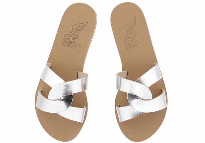 Silver Ancient Greek Sandals Desmos Women Slide Sandals | HKX7678LO