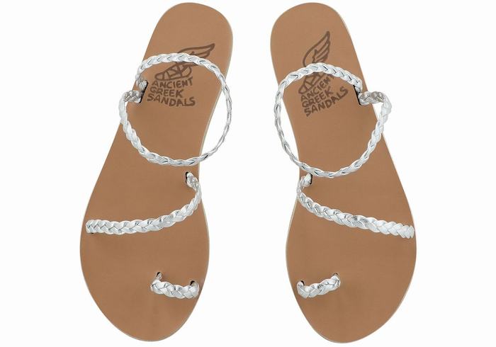 Silver Ancient Greek Sandals Eleftheria Leather Women Braided Sandals | UXW4414FZ