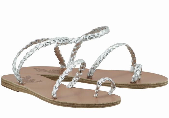 Silver Ancient Greek Sandals Eleftheria Leather Women Braided Sandals | UXW4414FZ