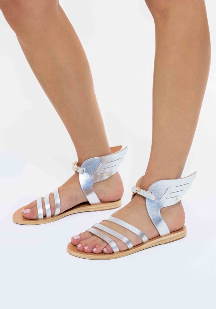 Silver Ancient Greek Sandals Ikaria Leather Women Ankle Strap Sandals | EMR9968HL