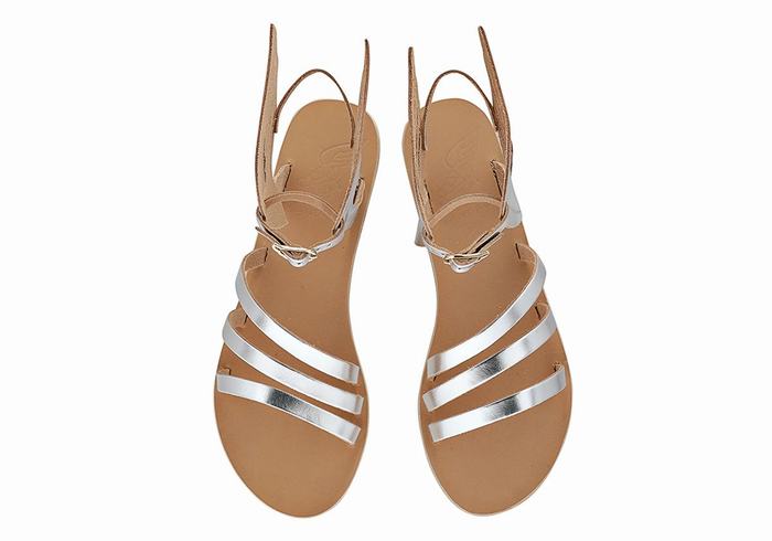 Silver Ancient Greek Sandals Ikaria Leather Women Ankle Strap Sandals | EMR9968HL