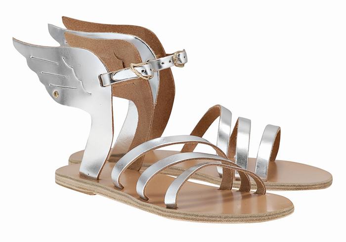 Silver Ancient Greek Sandals Ikaria Leather Women Ankle Strap Sandals | EMR9968HL