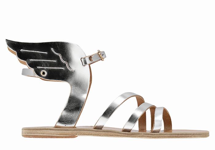 Silver Ancient Greek Sandals Ikaria Leather Women Ankle Strap Sandals | EMR9968HL