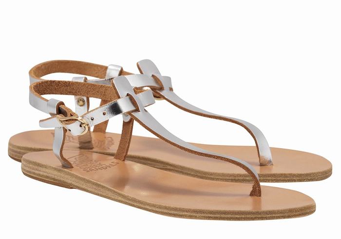 Silver Ancient Greek Sandals Lito Flip Flop Leather Women Back-Strap Sandals | UZR1737DO