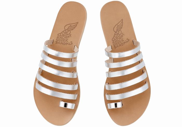 Silver Ancient Greek Sandals Niki Leather Women Toe-Post Sandals | TEH9833SR