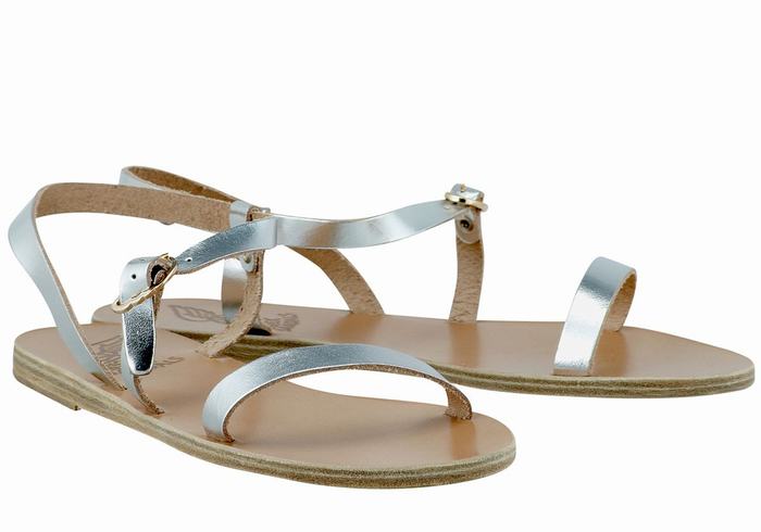 Silver Ancient Greek Sandals Niove Leather Women Back-Strap Sandals | HJZ2068QO