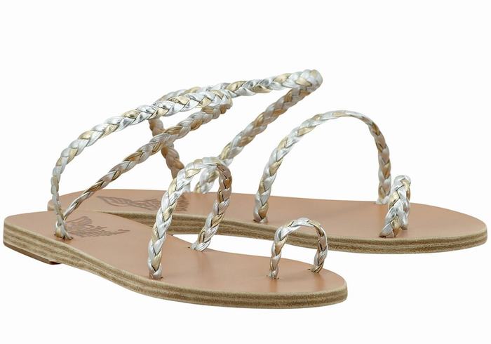 Silver Gold White Ancient Greek Sandals Eleftheria Leather Women Braided Sandals | ERF7612MY