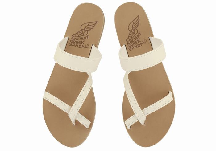 White Ancient Greek Sandals Daphnae Leather Women Slide Sandals | KKQ8689US